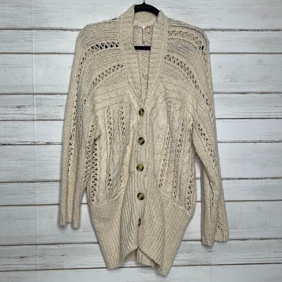 Free People Cable Cardi Knit Cardigan Sweater Ivory Size Small - Picture 3 of 11